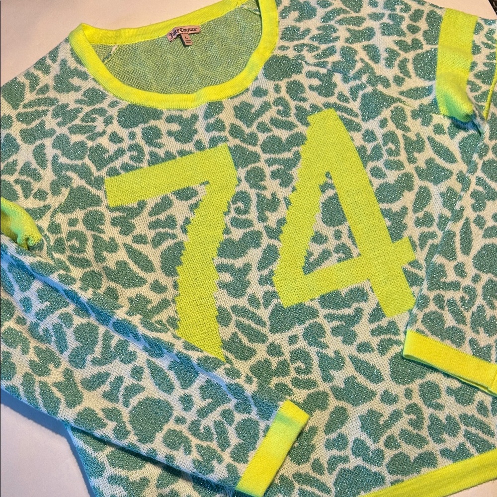 Juicy couture Leopard Print and Neon Green Crewneck Sweater size L Y2K - Picture 3 of 5